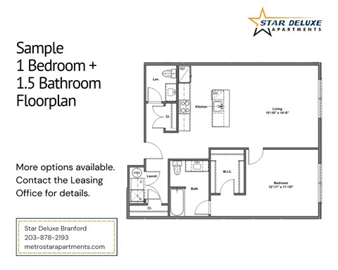Floor plan for 1 bed, 1.5 baths, 854 sqft